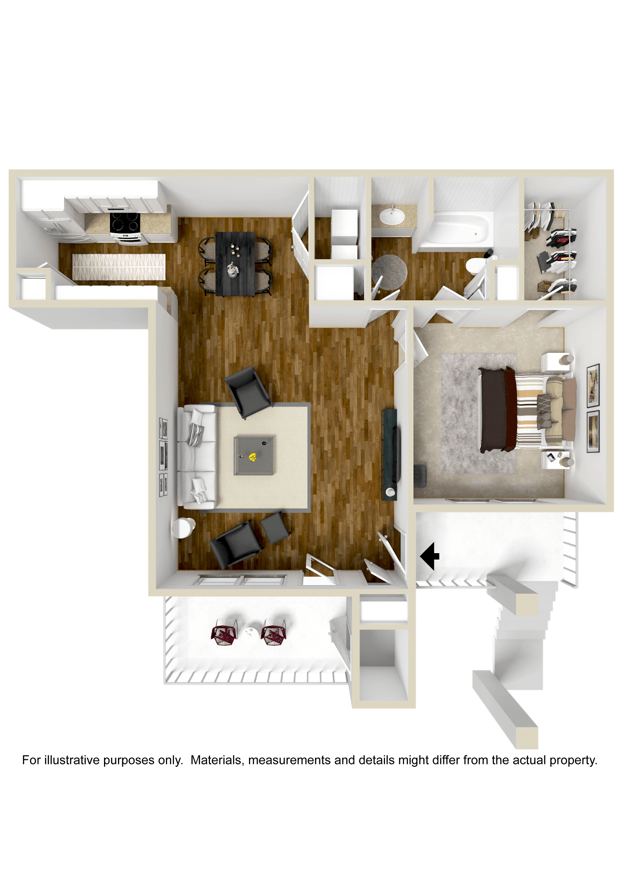 Floor plan for 1 bed, 1 bath, 876 sqft